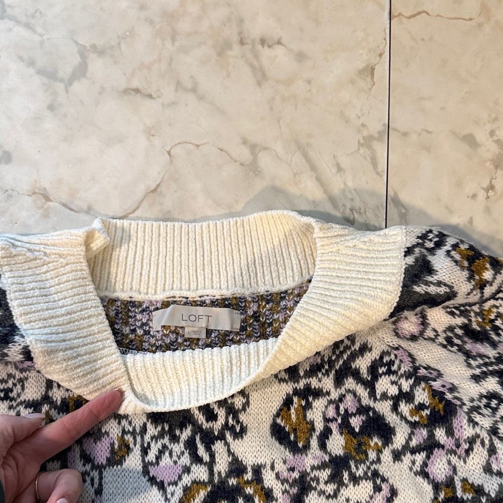 LOFT Cream and Purple Cowl Neck Sweater